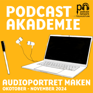 Artwork van Podcastakademie. Gele achtergrond met daarop de tekst 'audioportret maken,' okotber november 2024