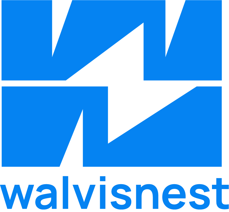 Logo van walvisnest. Je ziet de titel in blauwe letters onderaan, erboven de letters W en N in grote abstracte vorm, waar met wat moeite een walvis in te herkennen is