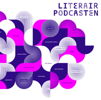 Een visueel opvallend abstracte kaart voor ‘Literair Podcasten’ (Literaire Podcasts) met een onderling verbonden patroon van cirkels en curven in magenta, donkerpaars en wit. Het ontwerp bevat verschillende Nederlandse podcastcategorieën die overal zijn gelabeld, zoals "educatief", "horror", "science fiction", "politieke fictie" en "documentair", gerangschikt in een vloeiende, organische lay-out met concentrische cirkelvormige patronen. Door met je cursor over de kaart te bewegen, verschijnen podcastprojecten van ‘Literair Podcasten’.